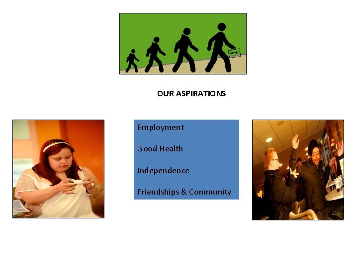 OUR ASPIRATIONS Employment Good Health Independence Friendships & Community OUR ASPIRATIONS Employment Good Health Independence Friendships & Community
