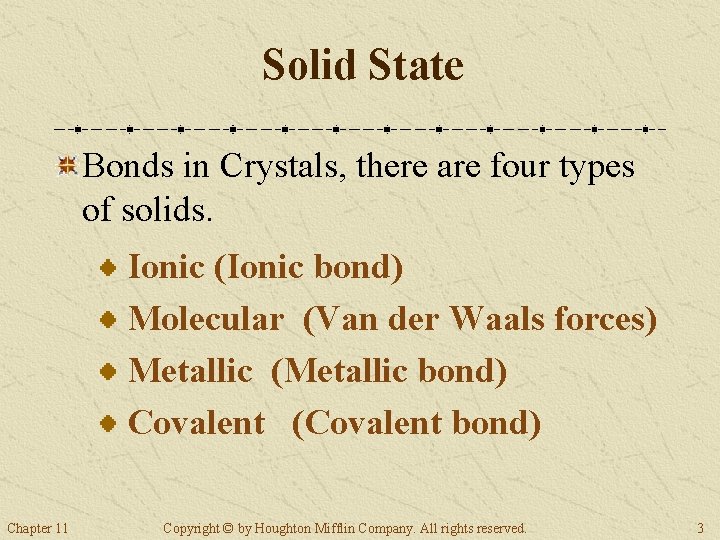 Solid State Bonds in Crystals, there are four types of solids. Ionic (Ionic bond) Solid State Bonds in Crystals, there are four types of solids. Ionic (Ionic bond)