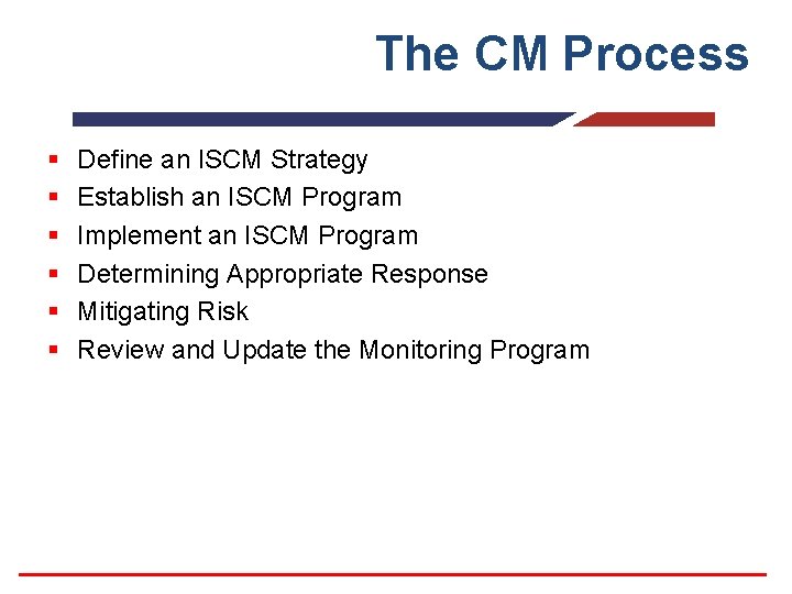 The CM Process § § § Define an ISCM Strategy Establish an ISCM Program