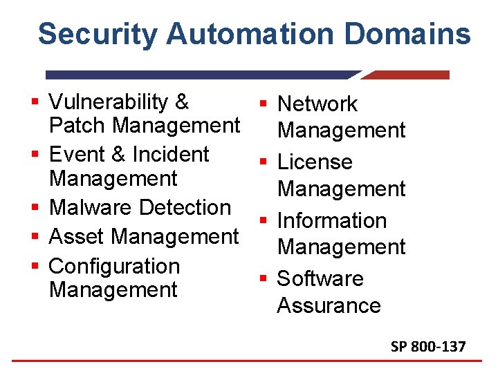 Security Automation Domains § Vulnerability & Patch Management § Event & Incident Management §