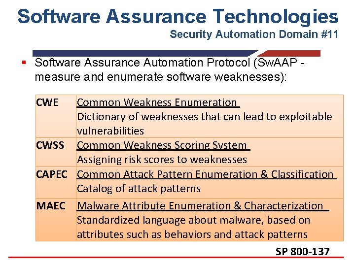 Software Assurance Technologies Security Automation Domain #11 § Software Assurance Automation Protocol (Sw. AAP