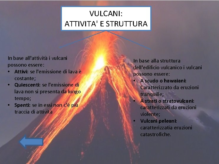 VULCANI: ATTIVITA' E STRUTTURA In base all'attività i vulcani possono essere: • Attivi: se