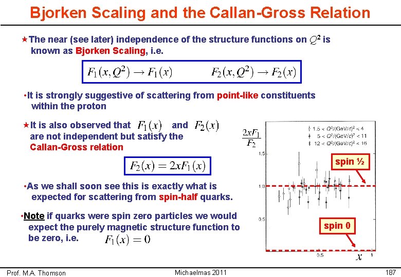 Bjorken Scaling and the Callan-Gross Relation «The near (see later) independence of the structure