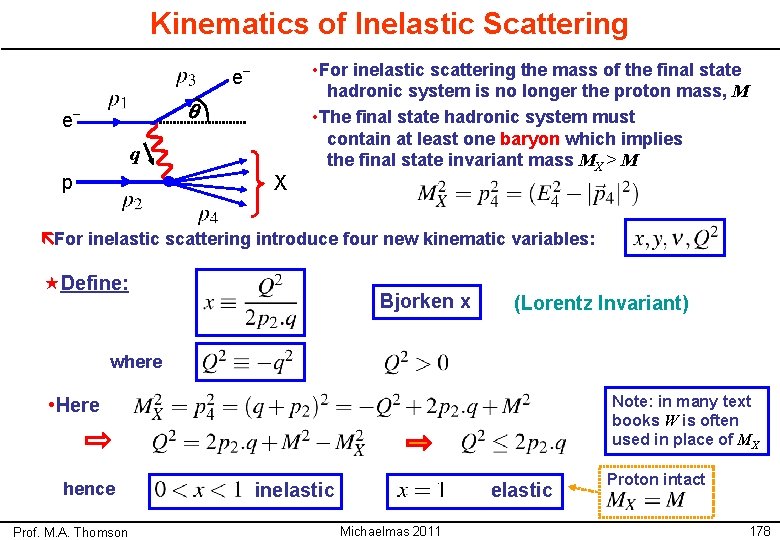 Kinematics of Inelastic Scattering e– q p X • For inelastic scattering the mass