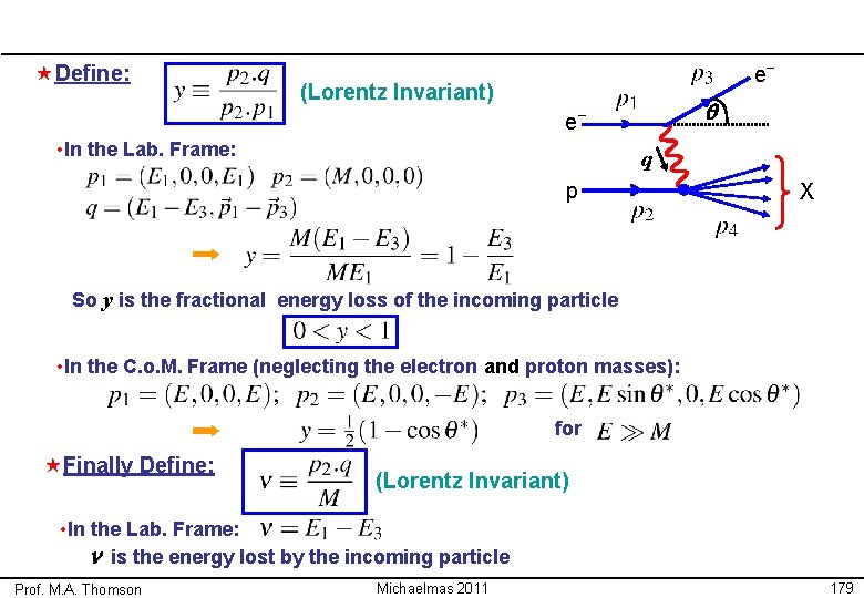  «Define: e– (Lorentz Invariant) q e– • In the Lab. Frame: q p