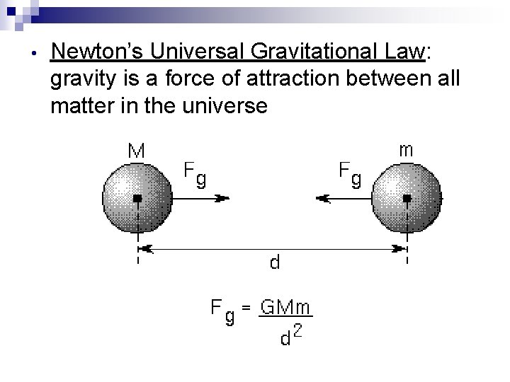  • Newton’s Universal Gravitational Law: gravity is a force of attraction between all