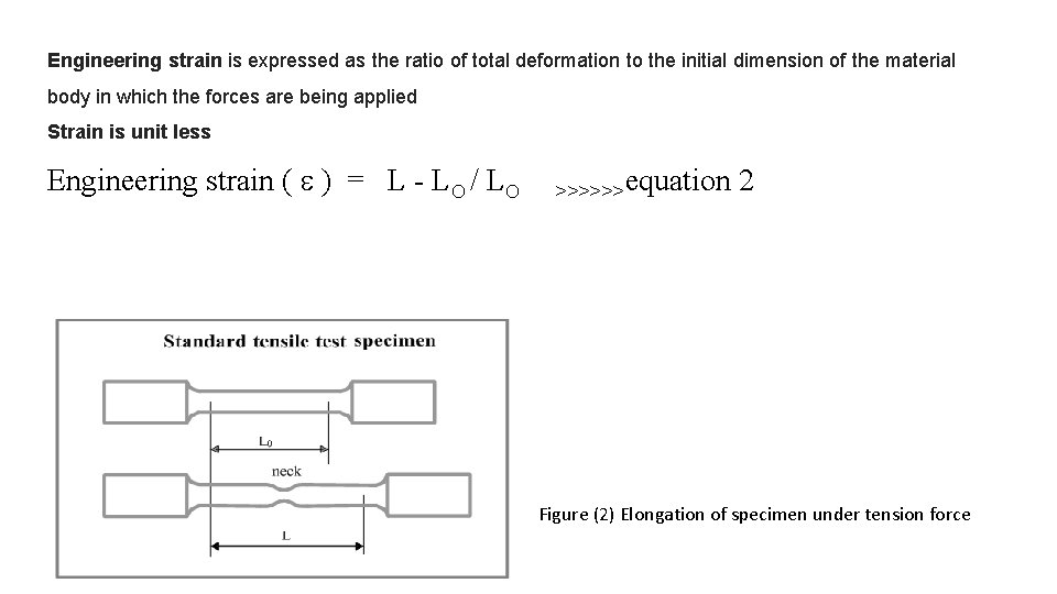 Engineering strain is expressed as the ratio of total deformation to the initial dimension Engineering strain is expressed as the ratio of total deformation to the initial dimension