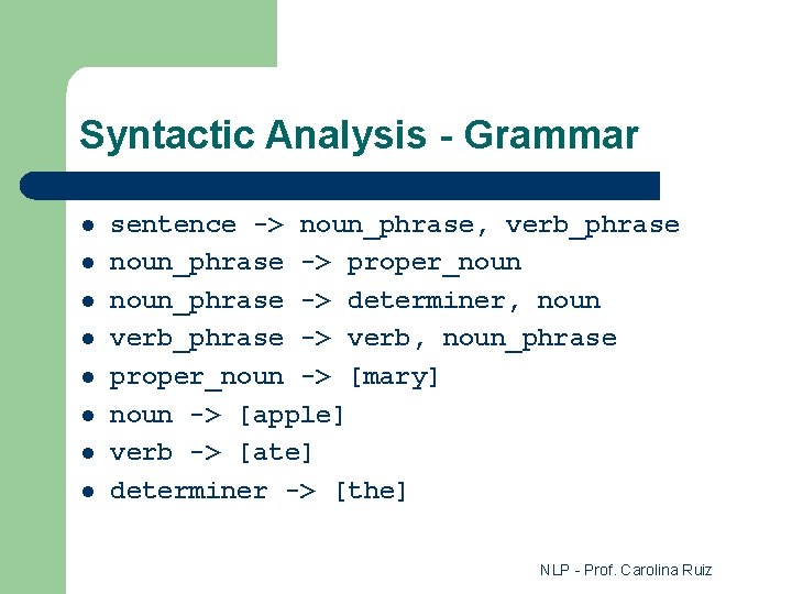 Syntactic Analysis - Grammar l l l l sentence -> noun_phrase, verb_phrase noun_phrase ->
