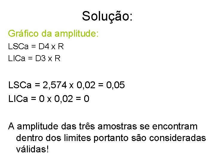 Solução: Gráfico da amplitude: LSCa = D 4 x R LICa = D 3