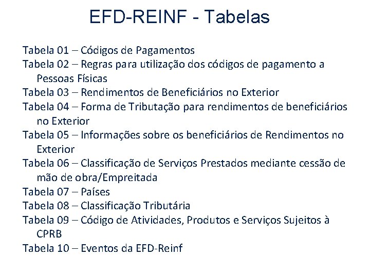 EFD-REINF - Tabelas Tabela 01 – Códigos de Pagamentos Tabela 02 – Regras para