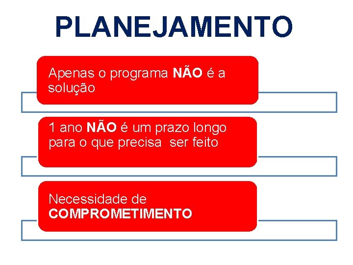 PLANEJAMENTO Apenas o programa NÃO é a solução 1 ano NÃO é um prazo