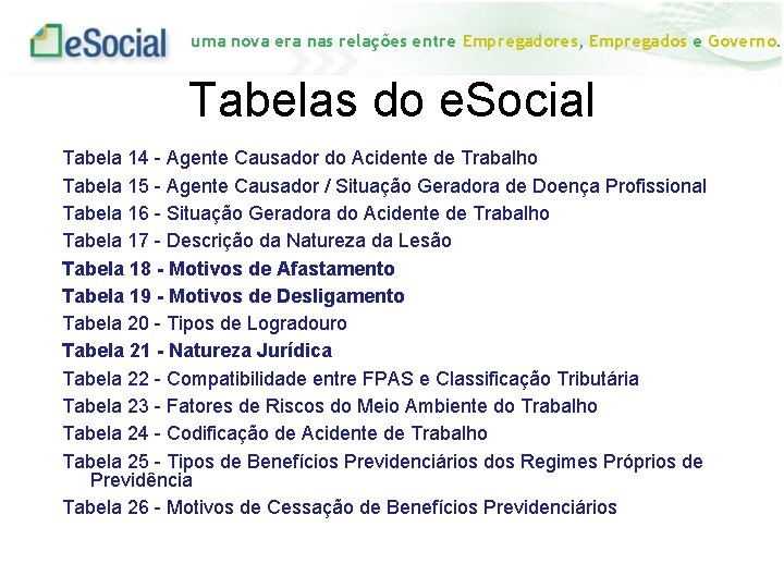 uma nova era nas relações entre Empregadores, Empregados e Governo. Tabelas do e. Social