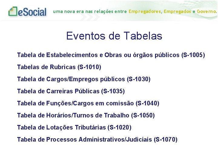 uma nova era nas relações entre Empregadores, Empregados e Governo. Eventos de Tabelas Tabela