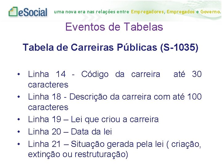 uma nova era nas relações entre Empregadores, Empregados e Governo. Eventos de Tabelas Tabela