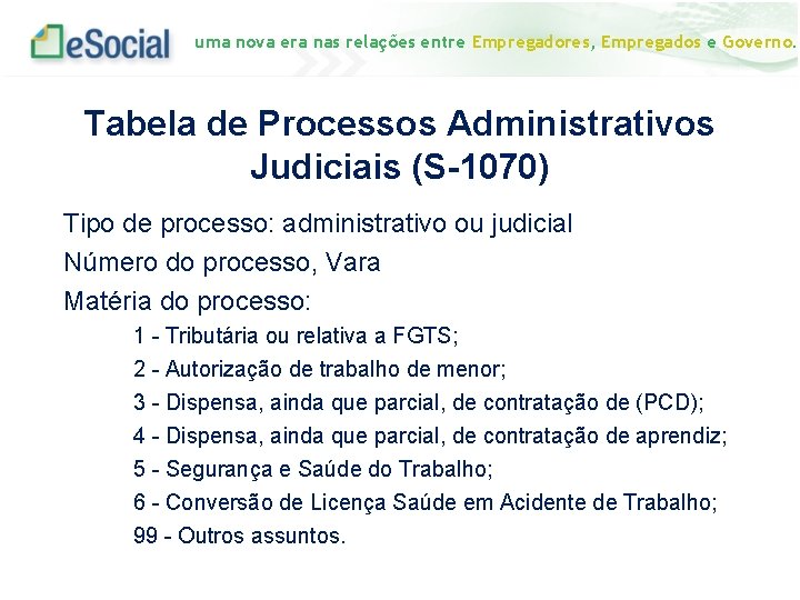 uma nova era nas relações entre Empregadores, Empregados e Governo. Tabela de Processos Administrativos