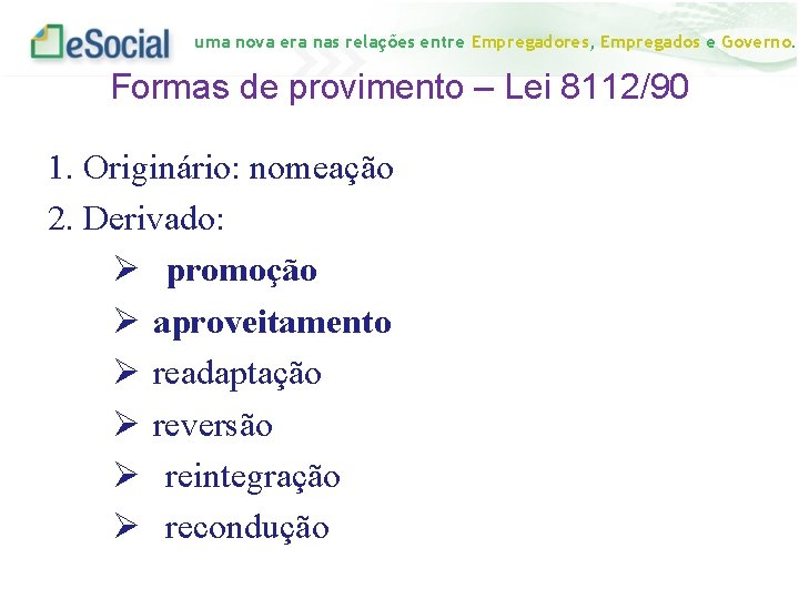 uma nova era nas relações entre Empregadores, Empregados e Governo. Formas de provimento –
