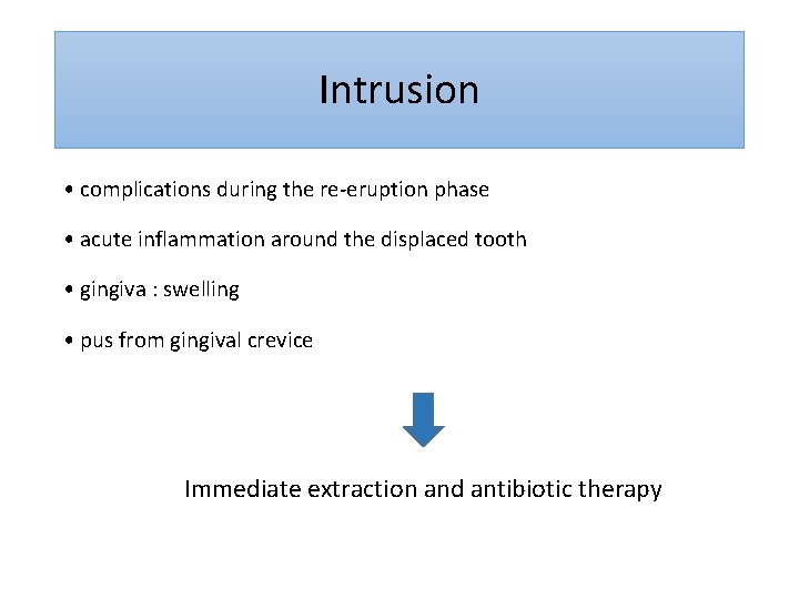 Intrusion • complications during the re-eruption phase • acute inflammation around the displaced tooth