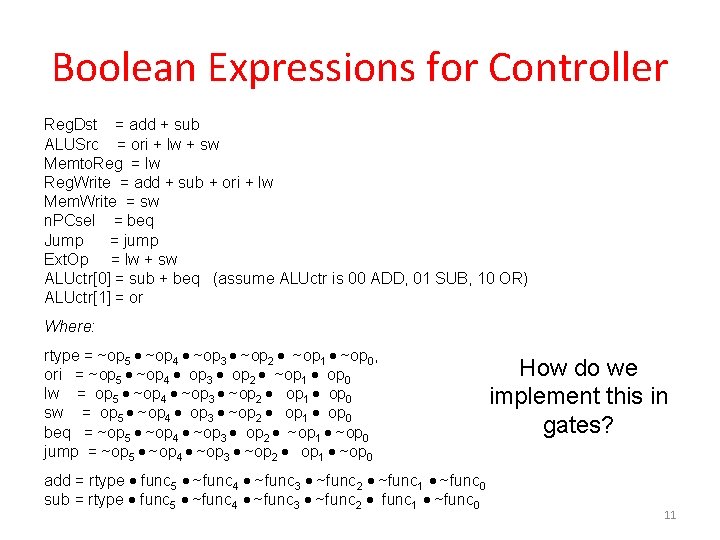 Boolean Expressions for Controller Reg. Dst = add + sub ALUSrc = ori +