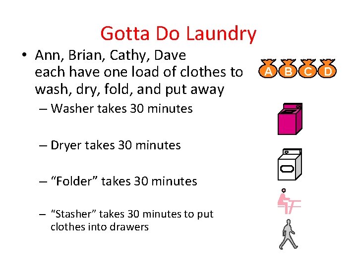 Gotta Do Laundry • Ann, Brian, Cathy, Dave each have one load of clothes