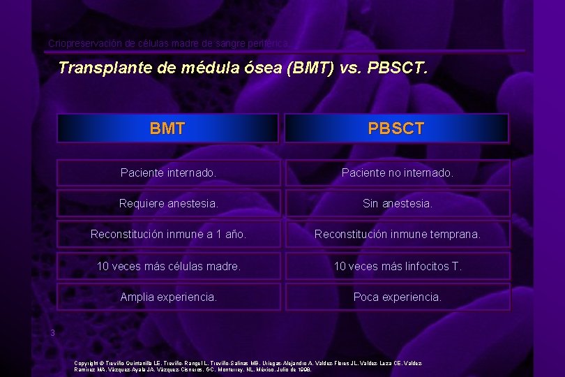 Criopreservación de células madre de sangre periférica. Transplante de médula ósea (BMT) vs. PBSCT.