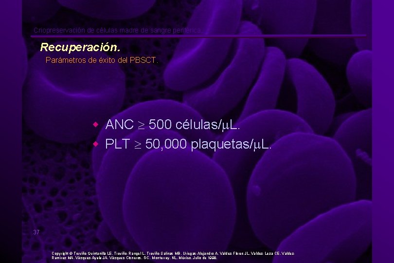 Criopreservación de células madre de sangre periférica. Recuperación. Parámetros de éxito del PBSCT. w