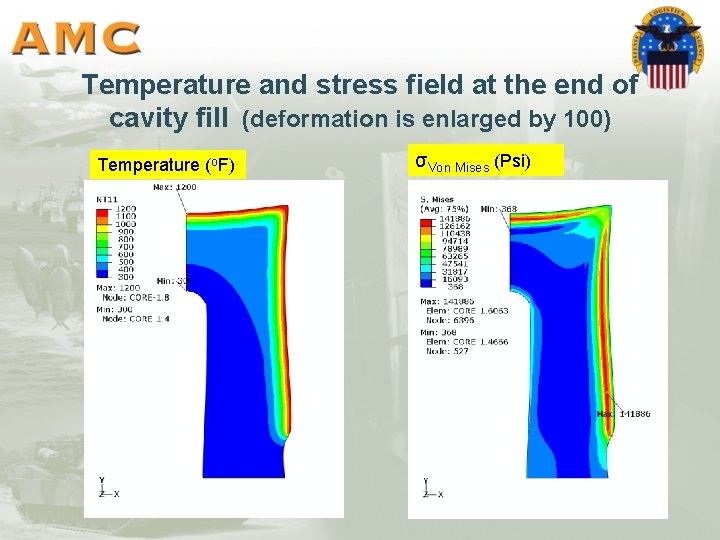 Temperature and stress field at the end of cavity fill (deformation is enlarged by