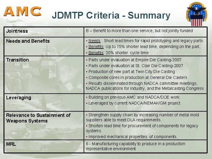 JDMTP Criteria - Summary Jointness B – Benefit to more than one service, but