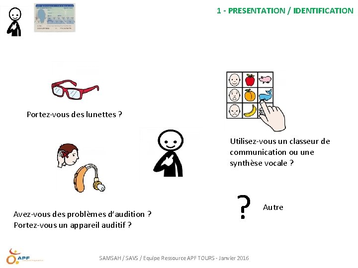 1 - PRESENTATION / IDENTIFICATION Portez-vous des lunettes ? Utilisez-vous un classeur de communication