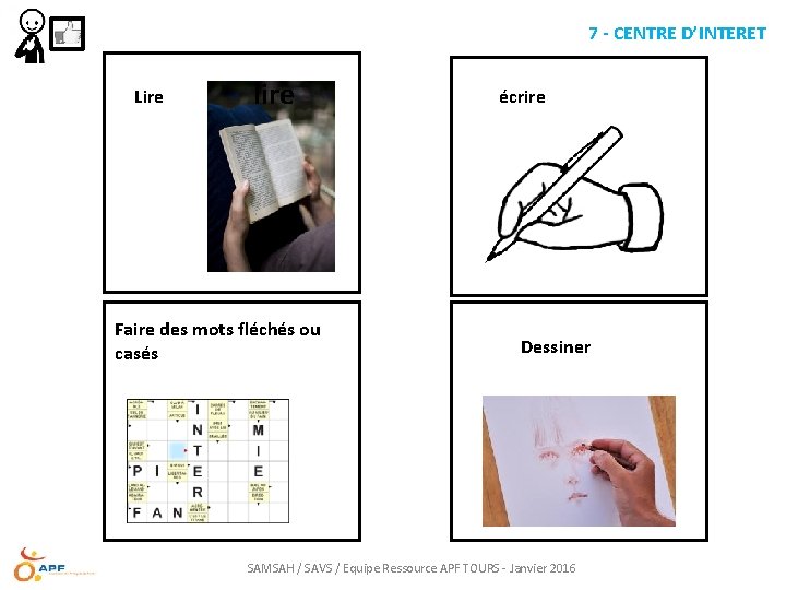 7 - CENTRE D’INTERET Lire lire Faire des mots fléchés ou casés écrire Dessiner