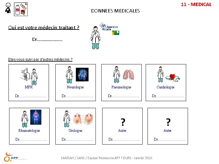 11 - MEDICAL DONNEES MEDICALES Qui est votre médecin traitant ? Dr………………. . Etes