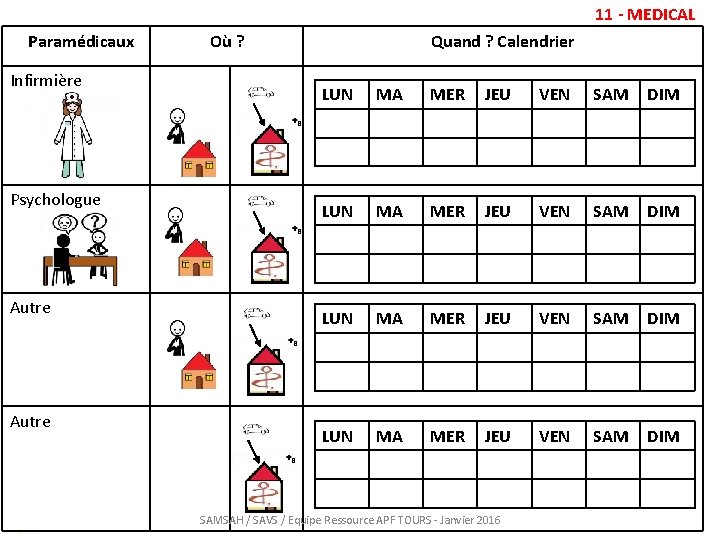 11 - MEDICAL PParamédicaux Infirmière Psychologue Autre Où ? Quand ? Calendrier LUN MA