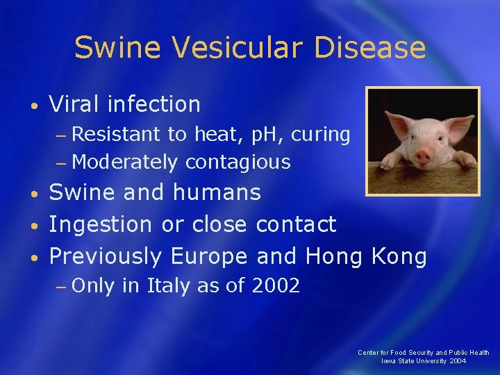 Swine Vesicular Disease • Viral infection − Resistant to heat, p. H, curing −