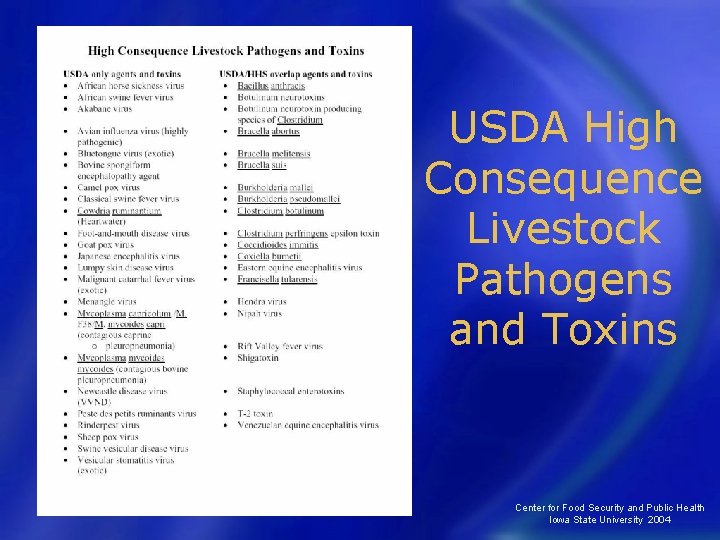 USDA High Consequence Livestock Pathogens and Toxins Center for Food Security and Public Health