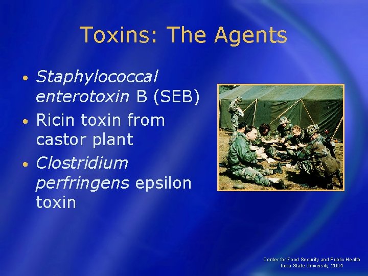 Toxins: The Agents Staphylococcal enterotoxin B (SEB) • Ricin toxin from castor plant •