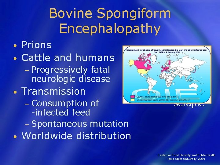 Bovine Spongiform Encephalopathy Prions • Cattle and humans • − Progressively fatal neurologic disease