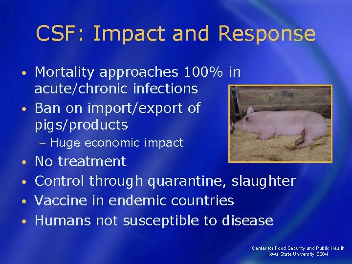 CSF: Impact and Response Mortality approaches 100% in acute/chronic infections • Ban on import/export