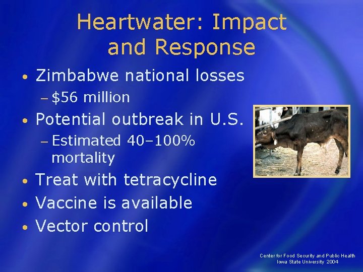 Heartwater: Impact and Response • Zimbabwe national losses − $56 • million Potential outbreak