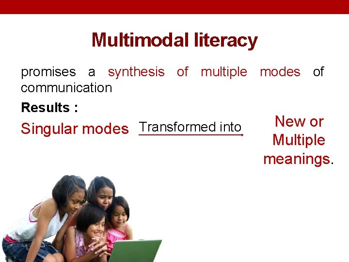 Multimodal literacy promises a synthesis of multiple modes of communication Results : New or