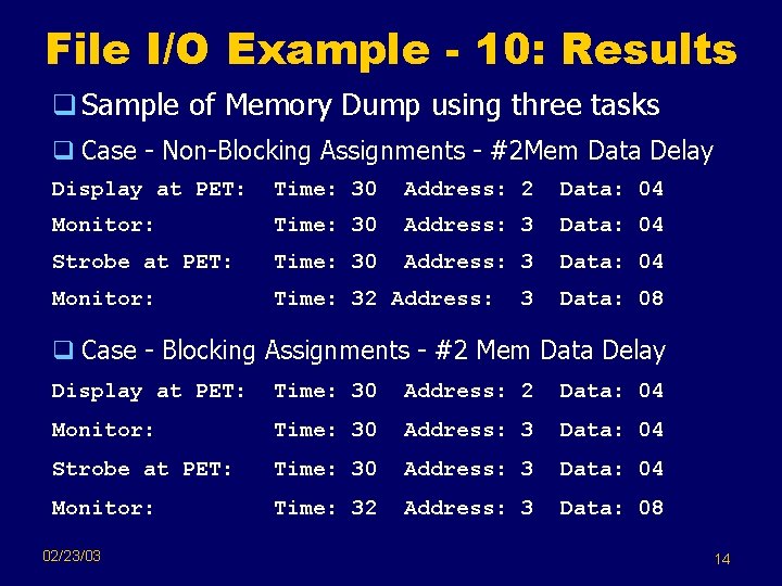 File I/O Example - 10: Results q Sample of Memory Dump using three tasks