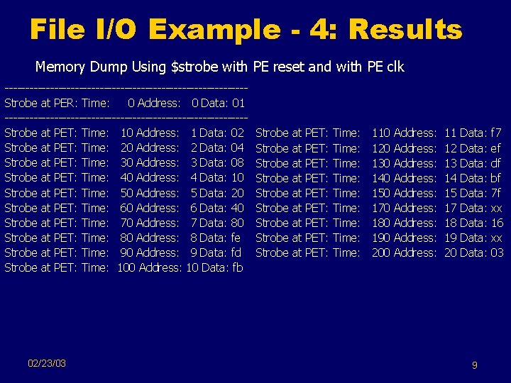 File I/O Example - 4: Results Memory Dump Using $strobe with PE reset and