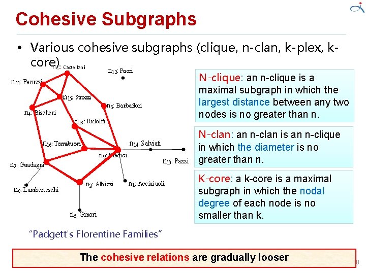 Cohesive Subgraphs • Various cohesive subgraphs (clique, n-clan, k-plex, kcore) N-clique: an n-clique is