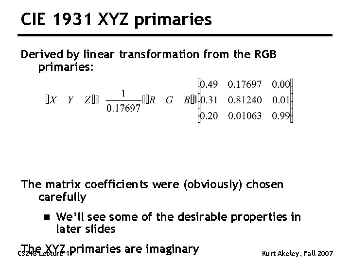 CIE 1931 XYZ primaries Derived by linear transformation from the RGB primaries: The matrix