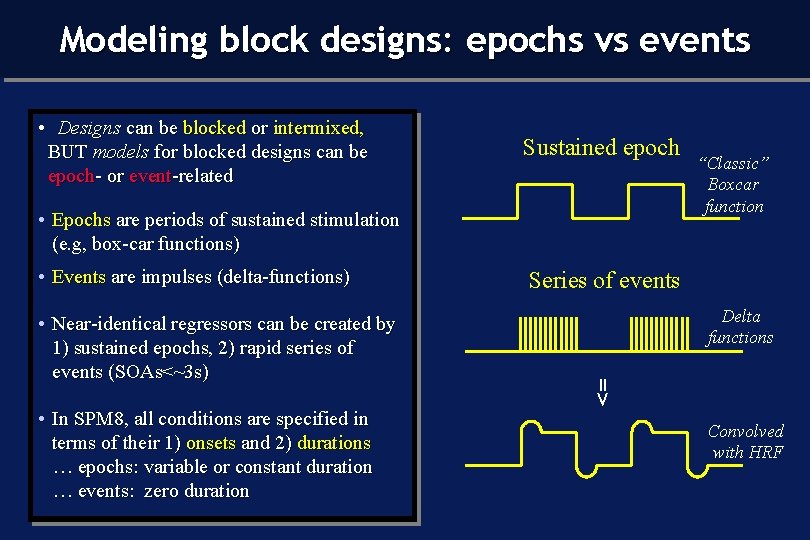 Modeling block designs: epochs vs events • Designs can be blocked or intermixed, BUT