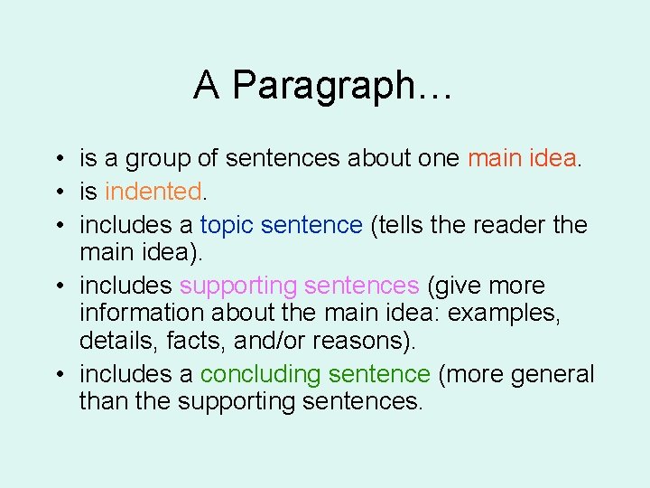 A Paragraph… • is a group of sentences about one main idea. • is A Paragraph… • is a group of sentences about one main idea. • is