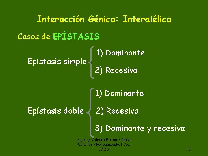 Interacción Génica: Interalélica Casos de EPÍSTASIS Epístasis simple 1) Dominante 2) Recesiva 1) Dominante