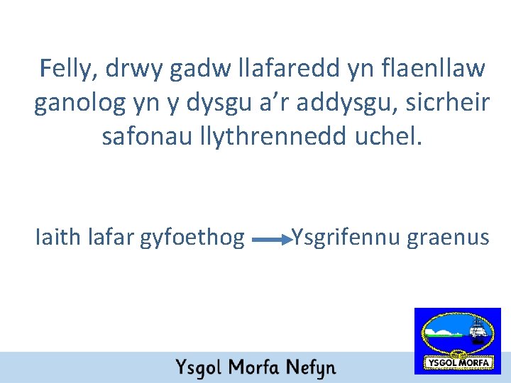 Felly, drwy gadw llafaredd yn flaenllaw ganolog yn y dysgu a’r addysgu, sicrheir safonau