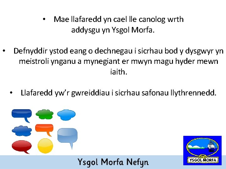  • Mae llafaredd yn cael lle canolog wrth addysgu yn Ysgol Morfa. •