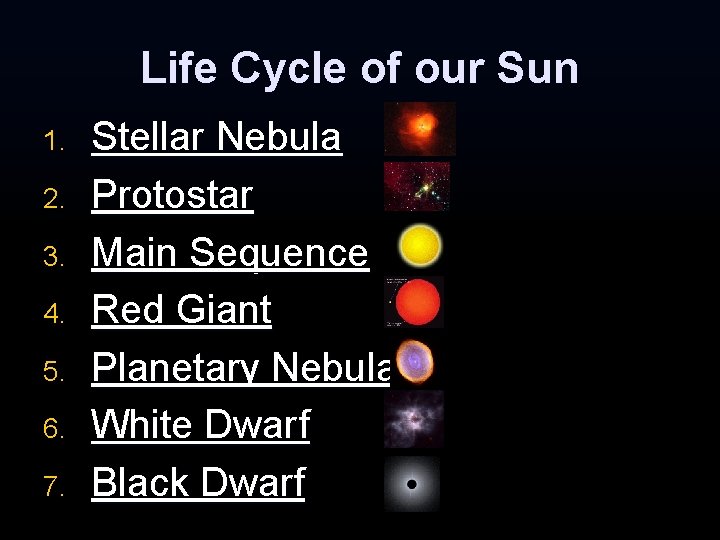 Life Cycle of our Sun 1. 2. 3. 4. 5. 6. 7. Stellar Nebula Life Cycle of our Sun 1. 2. 3. 4. 5. 6. 7. Stellar Nebula