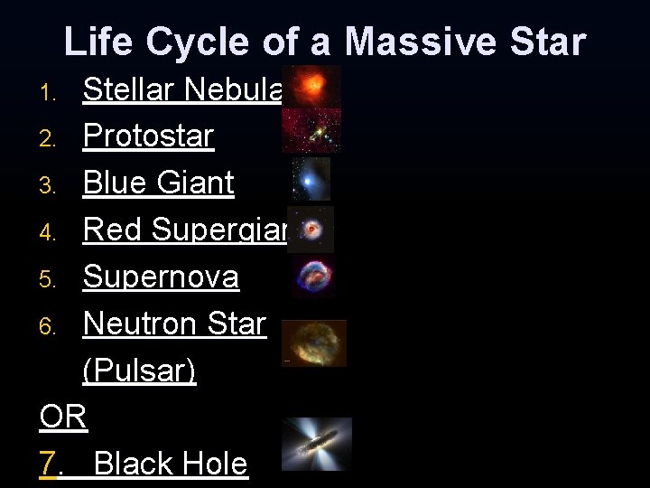 Life Cycle of a Massive Star Stellar Nebula 2. Protostar 3. Blue Giant 4. Life Cycle of a Massive Star Stellar Nebula 2. Protostar 3. Blue Giant 4.