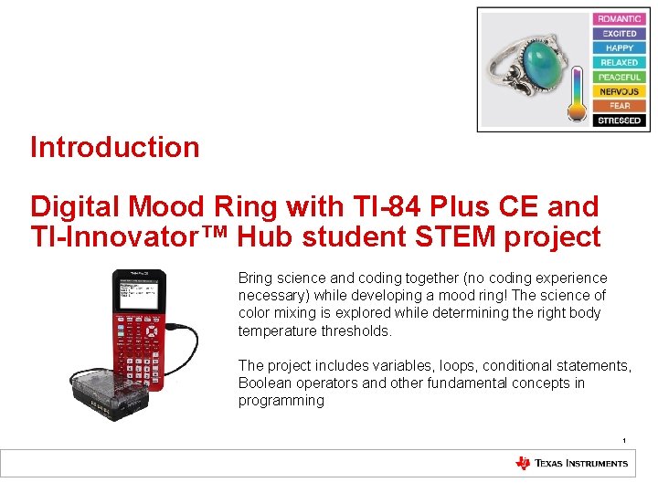 Introduction Digital Mood Ring with TI-84 Plus CE and TI-Innovator™ Hub student STEM project